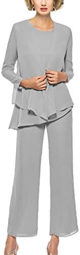 Mother of The Bride Pant Suits 3 Piece Outfits Formal Womens Evening Long Sleeve Chiffon Dressy Pantsuits for Weddings