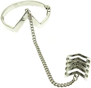Handcuff Slave Ring Long Stacked Hand Chain Hinged Silvertone Bracelet