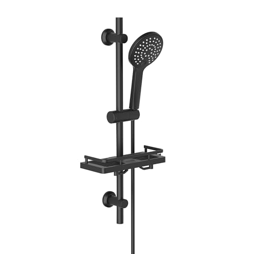 Görbach Duschset Rail Shower kit mit Handbrause, Edelstahl Brausestangeset mit Duschstange 70cm, Duschablage/Seifenschale, Handbrauseschlauch (D12, sc