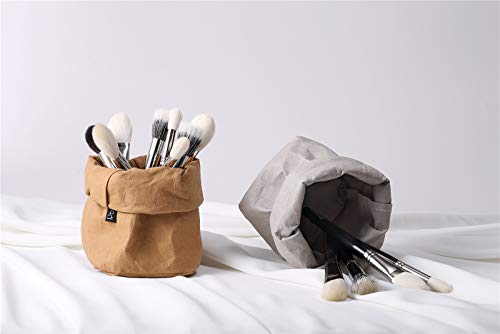 Rownyeon Cosmetic Organizer Makeup Brush Cup Holder Travel Portable Kraft Paper Bags, Pencil Pen Case for Desk Reusable Washable Stationery Bag