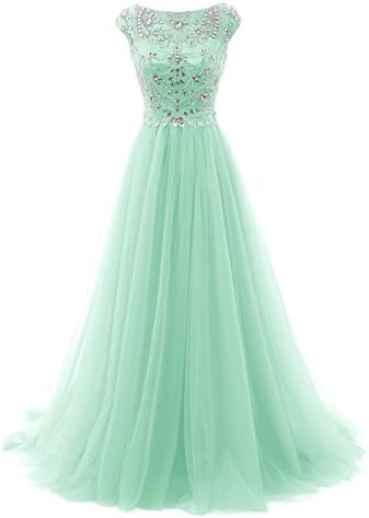 FASHION DRESS Women's Beads Long Prom Dress Tulle Cap Sleeves Evening Dress US18 Mint Green