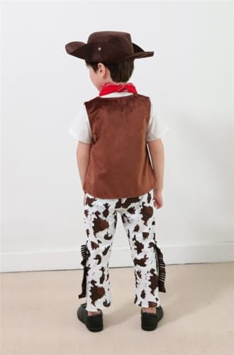 4 Pcs Cowboy Costume Kids Dress Up, Cowboy Costume for Boys, Dress Up Set with Waistcoat, Bandana and Hat for Baby Little Kids Boys, Brown, Birthday Halloween Party Cosplay Size 120cm