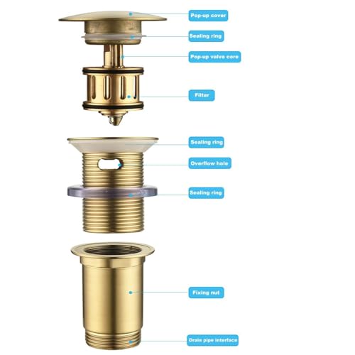 ONECE Universal Gold Drain Set Bathroom Sink Brass | Waste Plug with Overflow Suitable Pop-Up Valve with Filter for Bidet, Bathtub