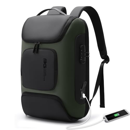 BANGE Anti-Diebstahl-Rucksack mit USB-Ladeanschluss, leichter Business-Rucksack für Damen und Herren, Grün , Three Pockets, Modern, minimalistisch