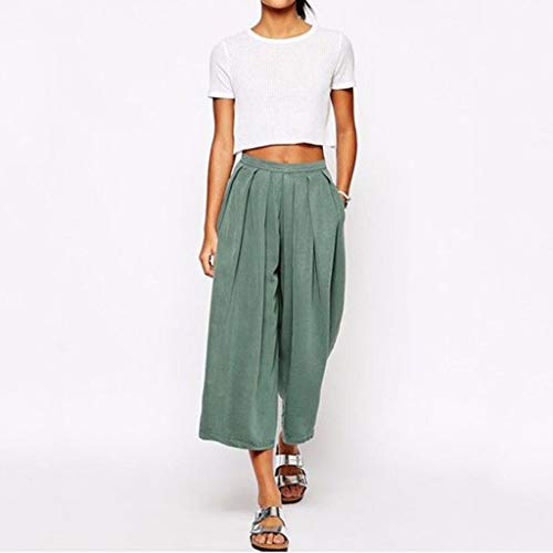 Pongfunsy Women Linen Pants, Ladies Fashion Solid Color Pants Basic Fold Cotton and Loose Calf-Length Vintage Trousers Green