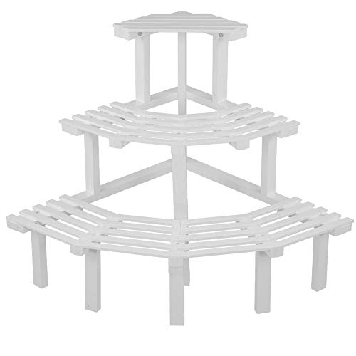 3 Tier Plant Flower Stand Rack Shelf Corner Flower Pot Stand Durable Natural Pine Wood Garden Rack Plant Display Shelf(White)