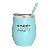 Mom of Boys - 12 oz Mint Stainless Steel Vacuum Insulated Wine Tumbler with Lid and Straw (ENGRAVED) - Boy Mom Wine Glass | Birthday Christmas Mother's Day Valentine's Gift