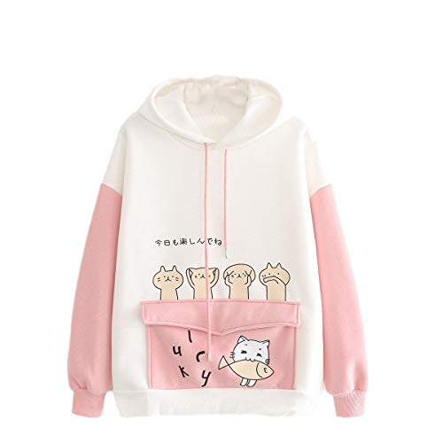 Cute Hoodies For Teen Girls Womens Japanese Kawaii Style Cats Print Pocket  Long Sleeve Thin Hoodie Tops Pink