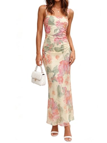 PeoKia Women's Bodycon Maxi Dress 2026 Summer Sleeveless Floral Ruched Mesh Wedding Cocktail Party Holiday Maxi Long Dresses Floral Apricot XL at Amazon
