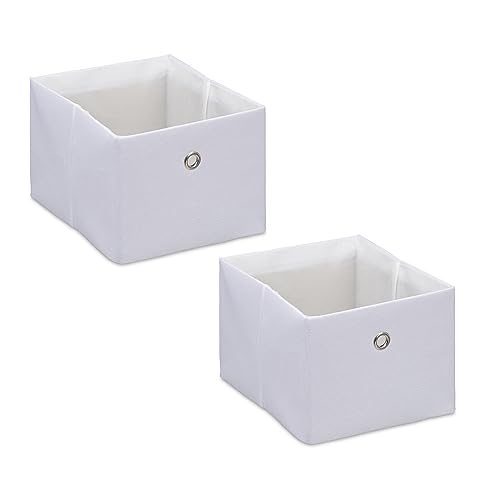Relaxdays 2x Storage Boxes, Rectangular Fabric Basket, Container without Lid, Shelf Organiser, 16 x 20.5 x 25 cm, White, Linen, Polyester, Paper