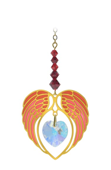 Wild Things Gifts Glass Crystal Dreams Suncatcher - January Birthstone - Angel Wing Heart - Garnet Red Hanging Crystal Ornament With Gold Details - Rainbow Effect