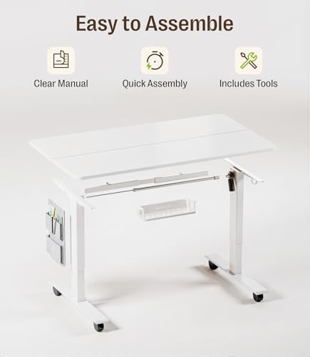 MAIDeSITe Height Adjustable Electric Lift Table, 120 x 60 cm Standing and Sitting Table with Cable Tray, Hook and Storage Pockets, Lift Table with Memory Controller