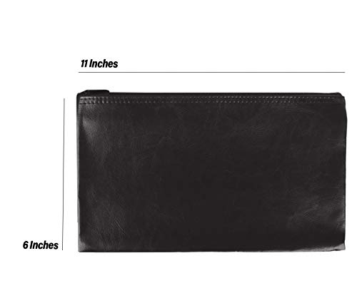 Bank Deposit/Utility Zipper Coin Bags, 11 X 6 Inches - Leather Zipper Pocket Money Holder, Safe for Cash, Coins, Legal Documents, Receipts - Black - 2 Pack