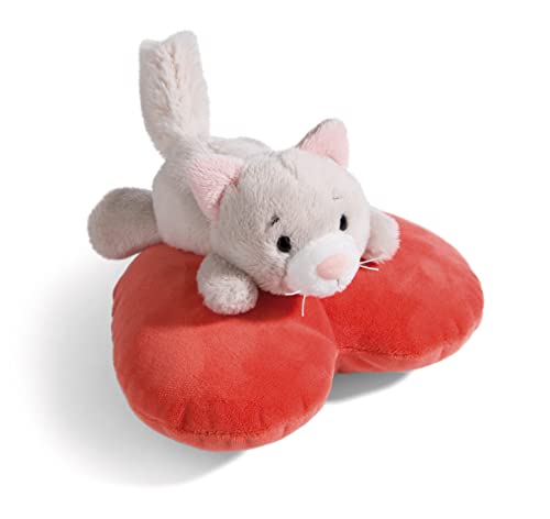 Soft toy Love cat fluffy 13cm lying on heart gray - Sustainable soft toy made of soft plush, cute soft toy to cuddle and play with, for children & adults, great gift idea