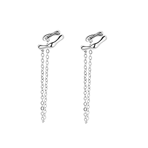 QIAMNI Irregular Chain Tassels Earrings Cuffs Clip for Unisex Teen Girls 925 Silver Simple Cool No-Pierced Hypoallergenic Jewelry (GMN-SE1457)