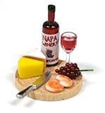 Miniature Wood Cutting Board With Wine and Cheese Hors D'oeuvre for Fairy Gardens, Doll Houses, and Embellishing