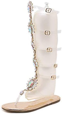 Dear Time Women Gladiator Flats Sandals Summer Rhinestone Ankle Strap Buckle Transparent Strip Knee-High Beach Shoes