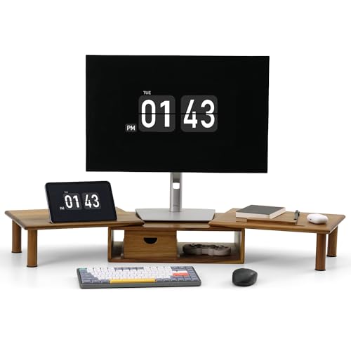 Photo 1 of ROCDEER Dual Monitor Stand Riser for Desk, Adjustable Length and Angle Monitor 2 Solts for Phone & Pen, Solid Wood Computer Stand Desktop Organizer Stand for 2 or 3 Computer/Laptop/PC/Printer – Wood