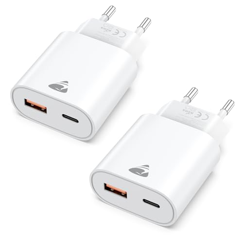 Cargador USB C, 2pack 20W Cargador iPhone Carga Rapida PD 3.0, Enchufe USB 2-Puertos (USB-C y USB-A), Múltiple Adaptador Cargador Tipo C para iPhone 17 16 15 14 Pro MAX, Samsung S26 S25 S24, iPad
