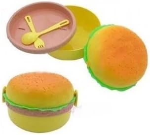Round Shaped Hamburger Shape Plastic 3 Layers Lunch Box with Mini Spoon and Fork for Children and Adults No.5.15