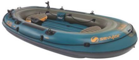 Inflatable Boat for 6-Person by Sevylor Fish Hunter 360 with Berkley Rod Holder Featuring Airtight System, Motor, Swivel Oarlocks and Battery Bag, Blue, Perfect for Fishing or Hunting