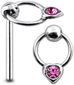 Pink Gem Heart Moving on Ring Sterling Silver Straight Nose pin Body jewelry