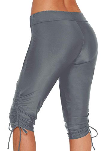 Womens Board Shorts Swimsuit Bottom High Waisted Tankini Long Sport Skinny Capris Swim Shorts (Gray Ruched Tie Side, Small (US 4-6)) - Thumbnail 2