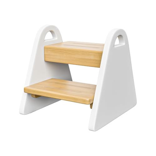 Toddler Step Stool, Wooden Step Stools for Kids, Kids Potty Training Stool with Handles, Rounded Corners Child Stepping Stool for Bathroom Sink, Kitchen, Bedroom(New-White)