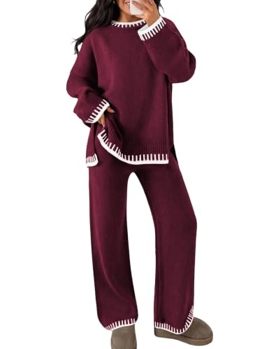 Ulovmi Womens 2 Piece Knit Outfits Lounge Sets Tracksuits Wine Red L at Amazon
