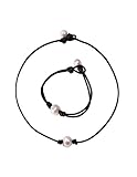 Mudder Leather Pearl Necklace Freshwater Pearl Choker with Leather Pearl Bracelet