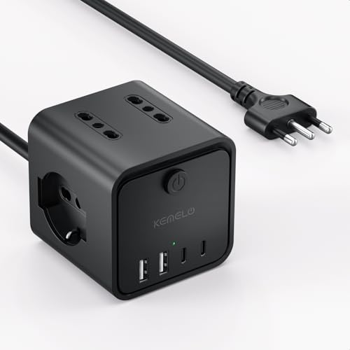 Electric Power Strip with 4 Universal Sockets 10/16A ITA and Schuko, 2 M Electrical Extension Cable with 2 USB A+2 USB C, Multiple Plug Flat Space-Saving with Switches for Home, Office, Black