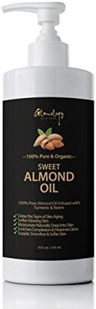 Glamology Sweet Almond Oil 100% Pure, Cold-Pressed, Organic Almond Oil Infused With Neem &amp; Turmeric. Great As Baby Oil Anti-Wrinkles Anti-Aging. (Two 16 fl. oz. Bottle (Value Pack))