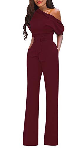 VLUNT Womens Elegant Solid Off Shoulder High Waisted Jumpsuit Romper with Belt for Party Club