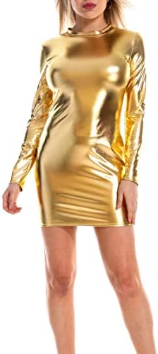 ZIYIXIN Women Leather Bodycon Mini Dress, Shiny Metallic Long Sleeve Round  Neck Club Dress, Golden, Small price in Saudi Arabia | Amazon Saudi Arabia 