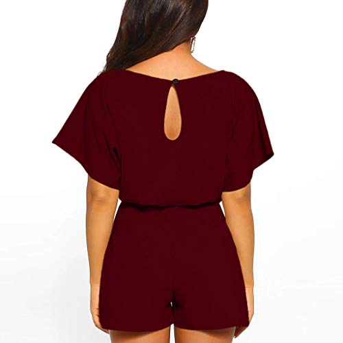 Sunyastor Womens Short Sleeve One Piece Jumpsuit Cocktail Romper Pant Suit Clubwear Straight Leg Jumpsuit with Belt (B Wine, X-Large) - Thumbnail 2