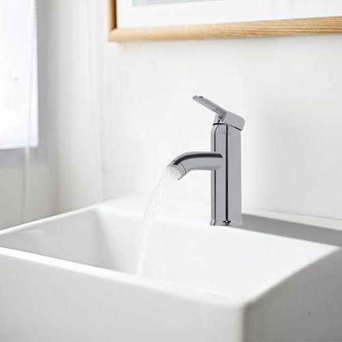 FALSKT Stainless Steel Basin Tap, Curved Spout Bathroom Tap, Single Lever Basin Mixer Tap with Stick Shaped Handles, for Bathrooms, Kitchens, Toilets, Silver