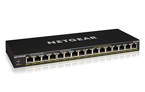 NETGEAR 16-Port Gigabit Ethernet Unmanaged Essentials PoE+ Switch (GS316P): Mit 16 x PoE+ bei 115 W, Desktop- oder Wandbefestigung
