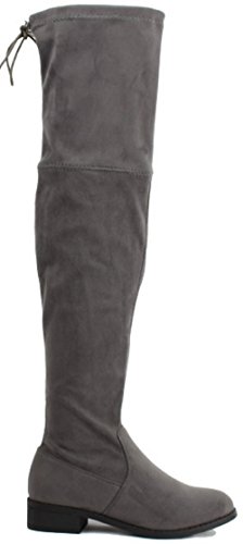 Women's Over the Knee Boots Back Tie Up Low Heel Drawstring Dress Thigh High Riding Boots grey 9