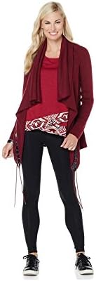 Twiggy London Women's Plus Size Draped, Open Cardigan Sweater~Faux Leather Detail (2X Plus, Burgandy)