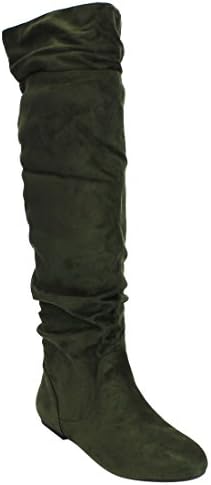 DA VICCINO TOP-01 Women's Slouch Side Zipper Flat Fold Cuff Knee High Boots, Color:OLIVE, Size:11