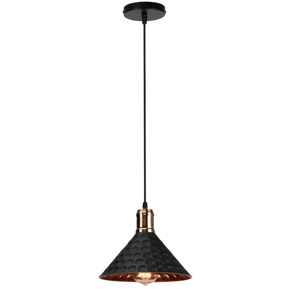 MOSSODOR Black lampshade Metal Cone Pendant Light 24cm Black and Copper Lining Inside. Include E27 1x Edison Filament Bulb for Kitchen Island Dining Room