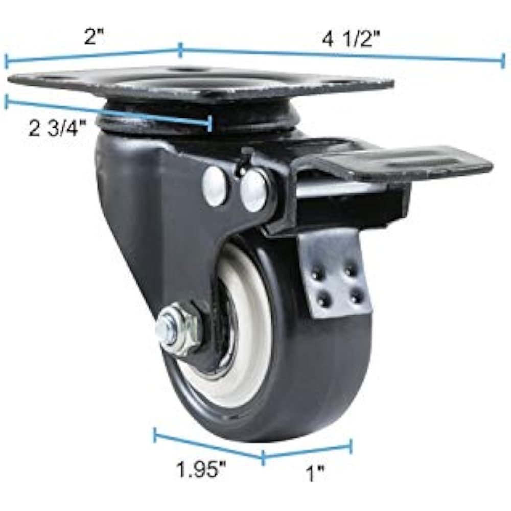 Caster Wheels, 4 Locking Castors, 2 Inch, Black, Heavy Duty, 600 LB