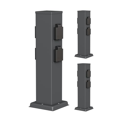 ledscom.de 3X Garten Steckdosensäule Polly für außen, IP44, 4-Fach, Edelstahl, anthrazit, eckig, 40 cm