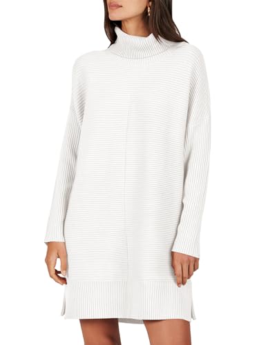 ANRABESS Women's Oversized Turtleneck Sweater Dress Pullover Batwing Sleeve Split Hem Tunics Fall Casual Short Dresses White