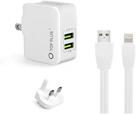 TOP PLUS 2.4A 12W 2-Port USB Wall Charger PowerPort 2 with PowerIQ US UK Travel Adapter/Foldable Plug/Lightning Cable for iPhone,iPad, Samsung Galaxy, HTC,LG,Nexus,Moto,Blackberry and More
