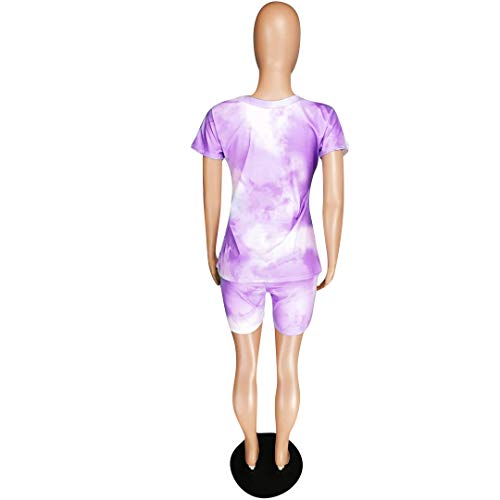 Women 2 Piece Outfits Shorts Set - Casual Tie Dye Pullover Shirts Tops + Biker Short Jumpsuit Sets Light Purple L