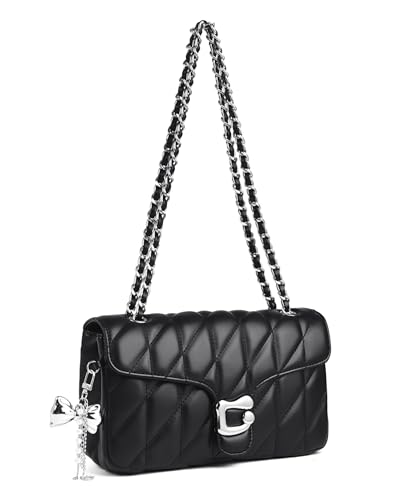 Travistar Umhängetasche Damen Handtasche Schwarz - Kleine Vegan Leder Crossbody Bag, Schultertasche Mit Kette, Elegante Abendtasche &Amp; Clutch Mit Süßem Anhänger, Für Alltag, Party, Geschenk