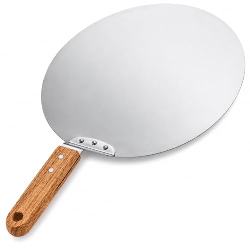 Pá de Pizza Redonda em Aço Inoxidável, 31cm, com Cabo de Madeira, para Pizza, Pães e Massas