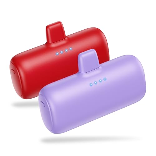 [2-Pack] Mini Portable Charger for iPhone,5200mAh Ultra Compact PD Fast Charging Power Bank,Plug-in Battery Pack Travel Cordless Phone Charger,Compatible with iPhone 14/14Pro/13/12/11/X/8(Purple+Red)