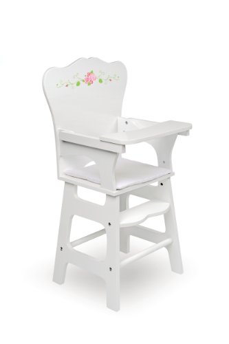 Badger Basket Doll High Chair - White and Rose Wood Design with Padded Seat and Lifting Tray - Fits 14 to 18 Inch Dolls for Pretend Mealtime Play - White/Rose